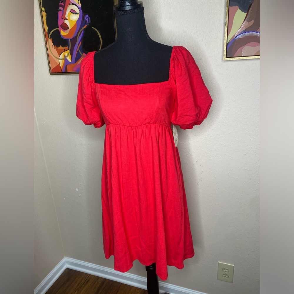 Altar’d State Red Balloon Sleeve Swing Dress Size Small